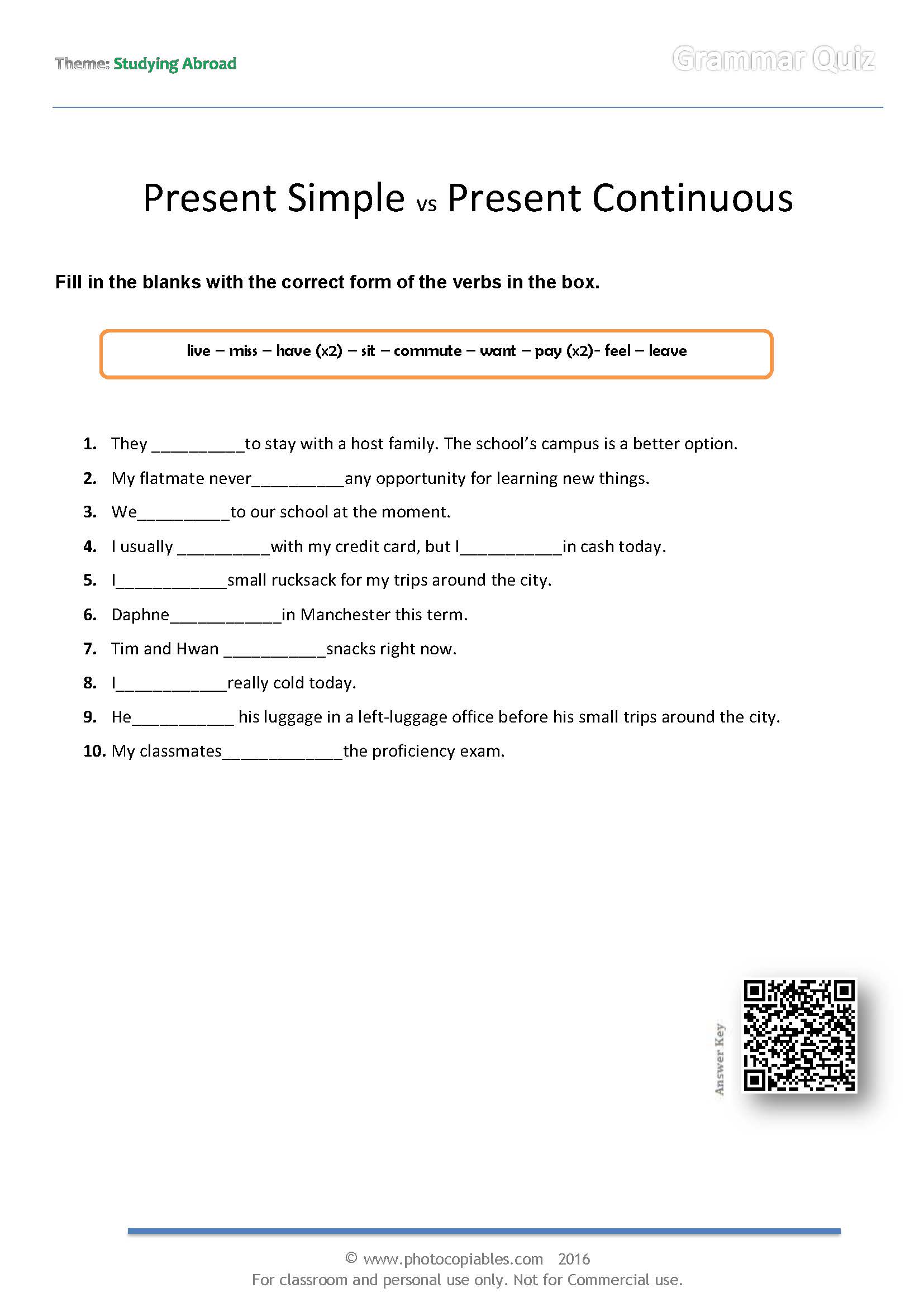 Present Simple vs Present Continuous Grammar Quiz | photocopiables